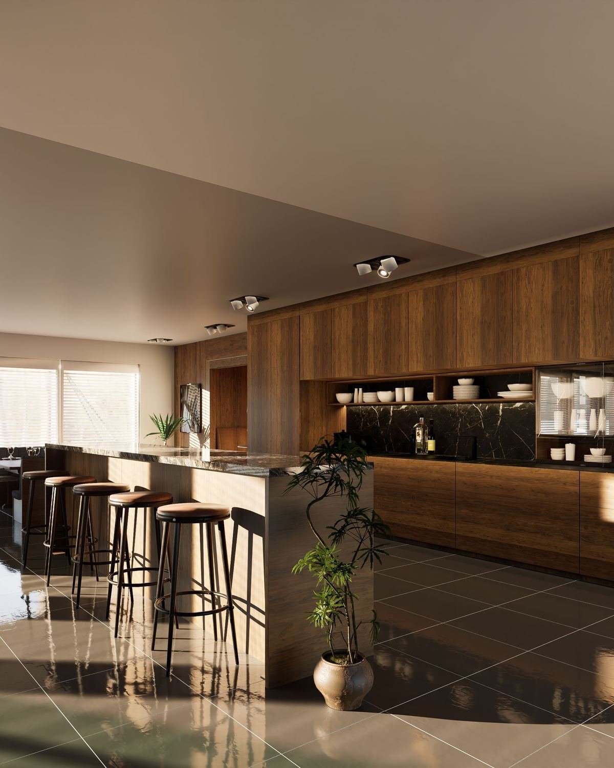 Warm timber kitchen with a long island and bar stools